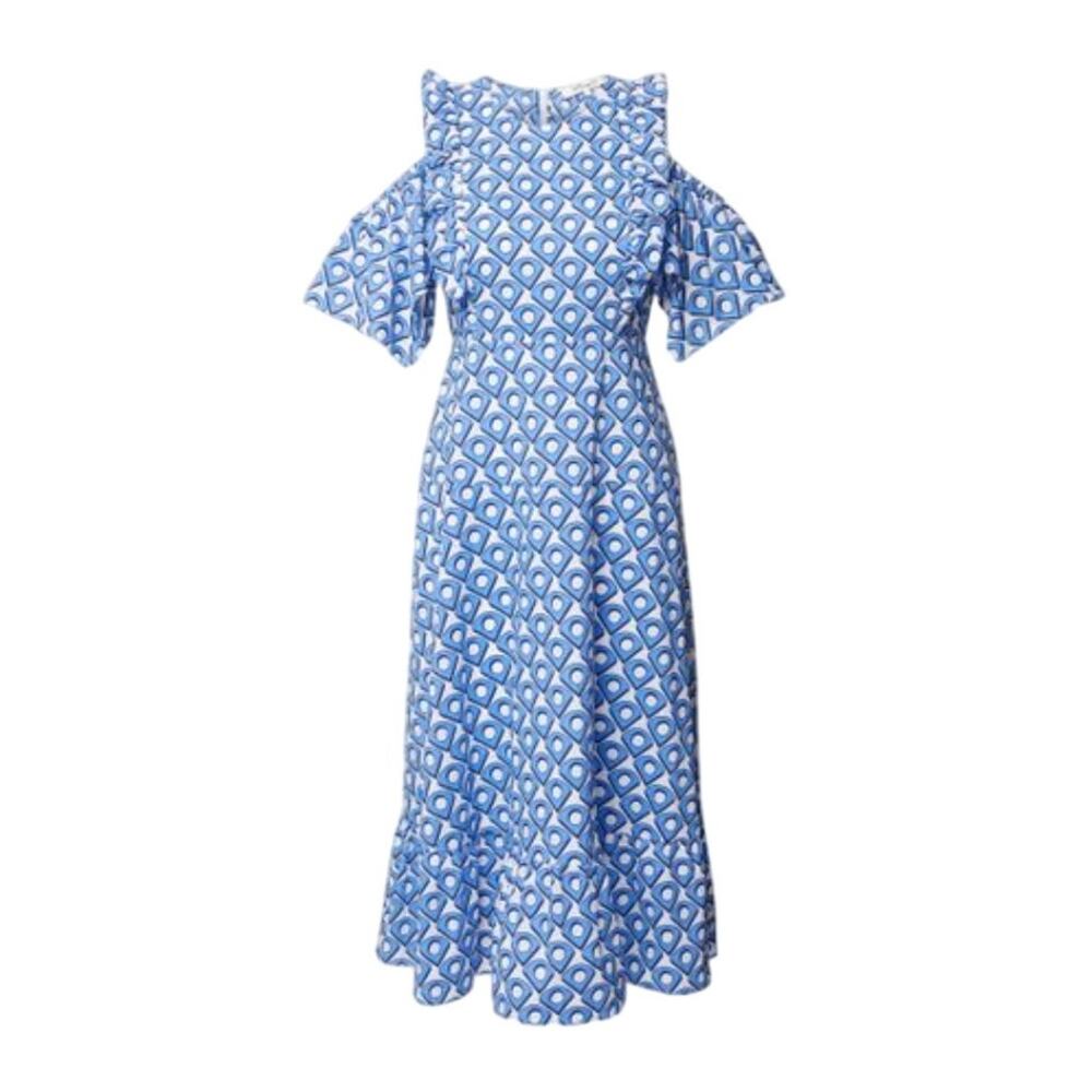Diane Von Furstenberg DVF Blue Print Cold Shoulder Cotton Poplin Midi Dress